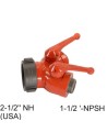 Gate-wye with individual control valve at outlet to regulate flow, 2-1/2'' female NH swivel inlet to two 1-1/2'' male NPSH