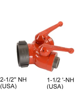 Gate-wye with individual control valve at outlet to regulate flow, 2-1/2'' female NH swivel inlet to two 1-1/2'' male NH