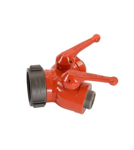 Gate-wye with individual control valve at outlet to regulate flow, 2-1/2'' female QST swivel inlet to two 1-1/2'' male NPSH