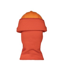 Orange acrylic knit balaclava designed for safety helmets to keep head, face and neck warm, sold individually