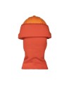 Orange acrylic knit balaclava designed for safety helmets to keep head, face and neck warm, sold individually