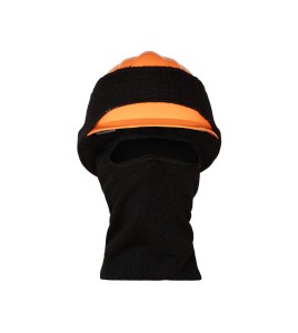 Black acrylic knit balaclava designed for safety helmets to keep head, face and neck warm, sold individually