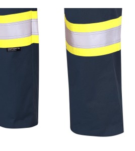 Pioneer FR-tech Model 7764, Arc 2 rated, 7 oz. navy blue flame-retardant cargo pants with high-visibility stripes, various sizes