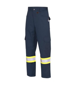 Pioneer FR-tech Model 7764, Arc 2 rated, 7 oz. navy blue flame-retardant cargo pants with high-visibility stripes, various sizes