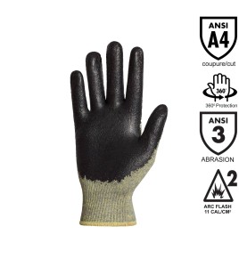 Woven gloves in flame-retardant fiber, ARC2 arc-resistant, neoprene-coated palm, made in Canada, sold by the pair