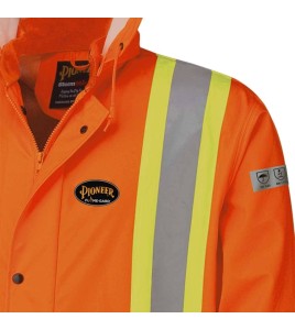 Waterproof, flame-retardant, high-visibility orange safety coat, model 5892 Pioneer Flame-Gard, sizes XS to 7 XL