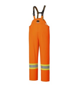 Waterproof, flame-retardant, high-visibility orange safety bib pant, model 5893 Pioneer Flame-Gard, sizes XS to 7 XL