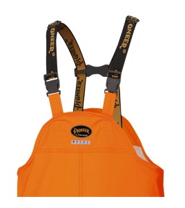 Waterproof, flame-retardant, high-visibility orange safety bib pant, model 5893 Pioneer Flame-Gard, sizes XS to 7 XL