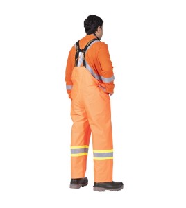 Waterproof, flame-retardant, high-visibility orange safety bib pant, model 5893 Pioneer Flame-Gard, sizes XS to 7 XL