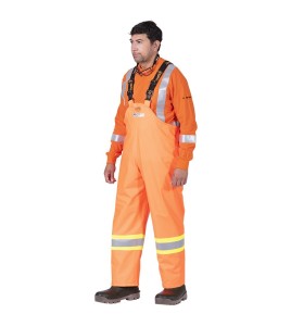 Waterproof, flame-retardant, high-visibility orange safety bib pant, model 5893 Pioneer Flame-Gard, sizes XS to 7 XL