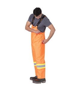 Waterproof, flame-retardant, high-visibility orange safety bib pant, model 5893 Pioneer Flame-Gard, sizes XS to 7 XL