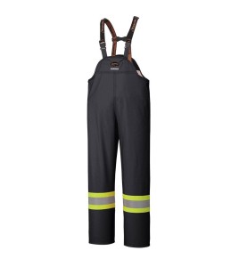 Waterproof, flame-retardant, black low-visibility safety bib pant, model 5895BK Pioneer Flame-Gard, sizes XS to 4 XL