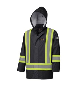 Waterproof, flame-retardant, black low-visibility safety coat, model 5894BK Pioneer Flame-Gard, sizes XS to 4 XL