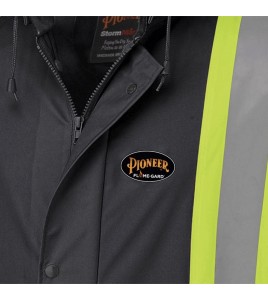 Waterproof, flame-retardant, black low-visibility safety coat, model 5894BK Pioneer Flame-Gard, sizes XS to 4 XL