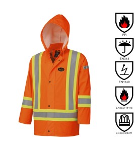 Waterproof, flame-retardant, high-visibility orange safety coat, model 5892 Pioneer Flame-Gard, sizes XS to 7 XL