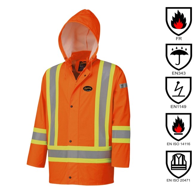 Orange waterproof coat Pioneer Flame Gard model 5892 flame retardant Sylprotec