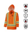 Waterproof, flame-retardant, high-visibility orange safety coat, model 5892 Pioneer Flame-Gard, sizes XS to 7 XL