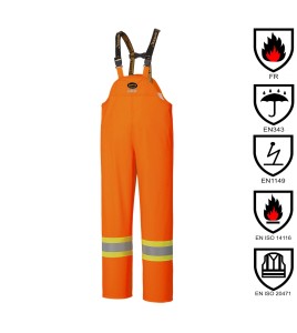 Waterproof, flame-retardant, high-visibility orange safety bib pant, model 5893 Pioneer Flame-Gard, sizes XS to 7 XL