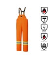 Waterproof, flame-retardant, high-visibility orange safety bib pant, model 5893 Pioneer Flame-Gard, sizes XS to 7 XL