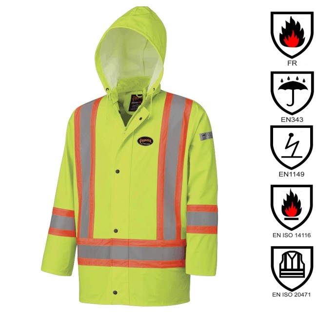 Waterproof, flame-retardant, high-visibility yellow safety coat, model 5894 Pioneer Flame-Gard, sizes XS to 4 XL