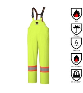 Waterproof, flame-retardant, high-visibility yellow safety bib pant, model 5895 Pioneer Flame-Gard, sizes XS to 4XL