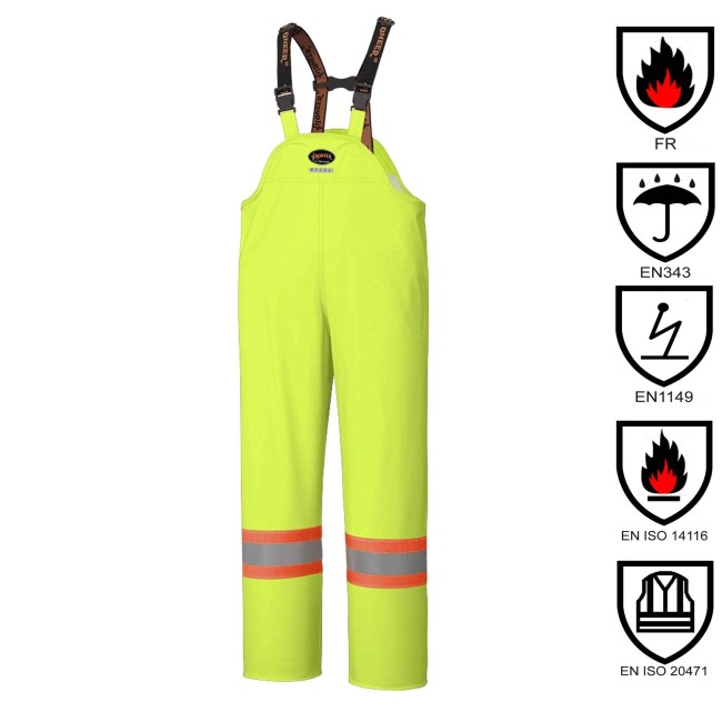 Waterproof, flame-retardant, high-visibility yellow safety bib pant, model 5895 Pioneer Flame-Gard, sizes XS to 4XL