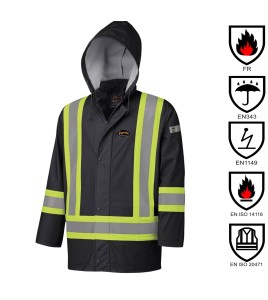 Waterproof, flame-retardant, black low-visibility safety coat, model 5894BK Pioneer Flame-Gard, sizes XS to 4 XL