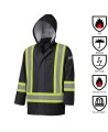 Waterproof, flame-retardant, black low-visibility safety coat, model 5894BK Pioneer Flame-Gard, sizes XS to 4 XL