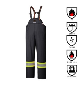 Waterproof, flame-retardant, black low-visibility safety bib pant, model 5895BK Pioneer Flame-Gard, sizes XS to 4 XL