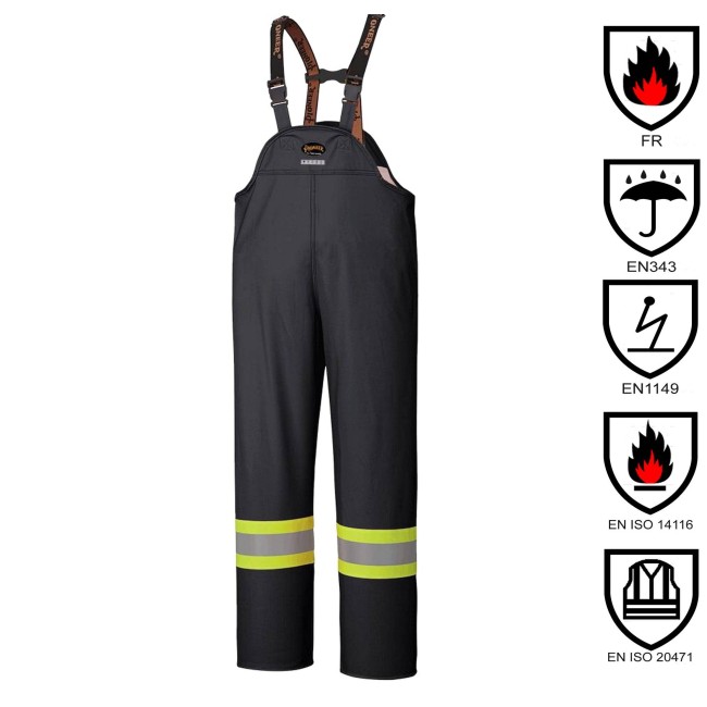 Waterproof, flame-retardant, black low-visibility safety bib pant, model 5895BK Pioneer Flame-Gard, sizes XS to 4 XL