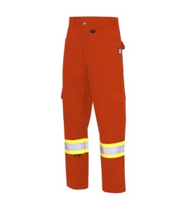 Pioneer FR-tech 7 oz, Arc 2 rated, Model 7765, orange flame-retardant cargo pants with high-visibility stripes, various sizes