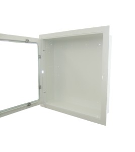 Recessed cabinet for fire hose of 75 to 100 ft and fire extinguisher of 5 or 10 lb, white