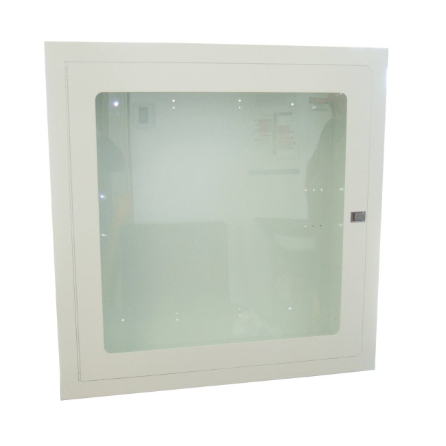 Recessed cabinet for fire hose of 75 to 100 ft and fire extinguisher of 5 or 10 lb, white