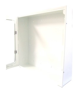 Surface-mounted cabinet for fire hose of 75 to 100 ft and fire extinguisher of 5 or 10 lbs.