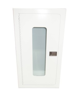 Semi-recessed built-in cabinet for 5 lbs powder fire extinguishers, pre-painted white