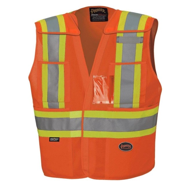 Pioneer orange high-visibility safety vest, class 2, level 2, detachable, 5 pockets, sold individually