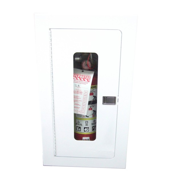 Recessed built-in cabinet for 5 lbs powder fire extinguishers, pre-painted flat white