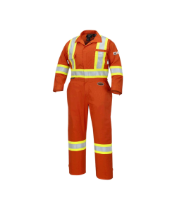 Women's 100% flame-resistant orange safety coverall, HRC 2, with high-visibility reflective stripes