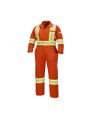 Women's 100% flame-resistant orange safety coverall, HRC 2, with high-visibility reflective stripes