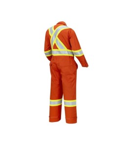 Women's 100% flame-resistant orange safety coverall, HRC 2, with high-visibility reflective stripes