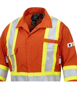 Women's 100% flame-resistant orange safety coverall, HRC 2, with high-visibility reflective stripes