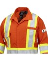 Women's 100% flame-resistant orange safety coverall, HRC 2, with high-visibility reflective stripes