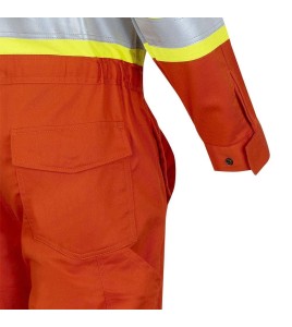 Women's 100% flame-resistant orange safety coverall, HRC 2, with high-visibility reflective stripes