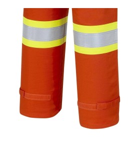 Women's 100% flame-resistant orange safety coverall, HRC 2, with high-visibility reflective stripes