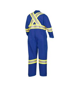 Blue 100% flame-resistant cotton safety coverall, ARC 2, with high-visibility reflective stripes