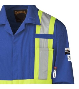 Blue 100% flame-resistant cotton safety coverall, ARC 2, with high-visibility reflective stripes