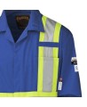 Blue 100% flame-resistant cotton safety coverall, ARC 2, with high-visibility reflective stripes