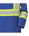 Blue 100% flame-resistant cotton safety coverall, ARC 2, with high-visibility reflective stripes