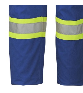 Blue 100% flame-resistant cotton safety coverall, ARC 2, with high-visibility reflective stripes