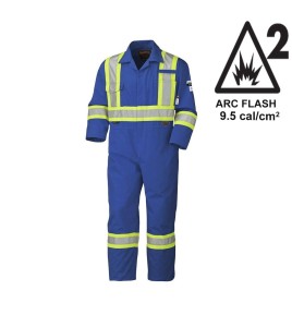 Blue 100% flame-resistant cotton safety coverall, ARC 2, with high-visibility reflective stripes